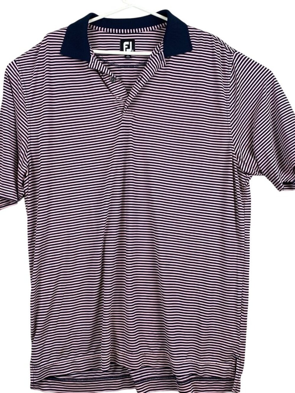 Foot Joy Mens Polo Shirt XL Striped Navy and Pink Farm dAlle Golf Club on Arm